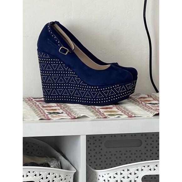 torrid Shoes - Torrid Blue Studded Platform Wedge Pump Heel Vegan Suede Size 10 Wide